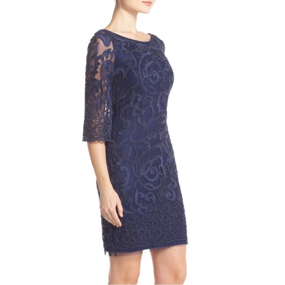 Aidan MATTOX ($475) Beaded Sheer Mesh Sleeve Navy Blue Cocktail Dress 4 - Picture 9 of 14